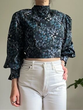 All Saints Black Floral High-Neck Puff Sleeve Crop Top